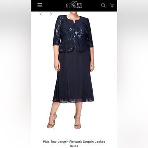 Navy Sequin Dress Tea-Length with Jacket 16W by Alex Evenings